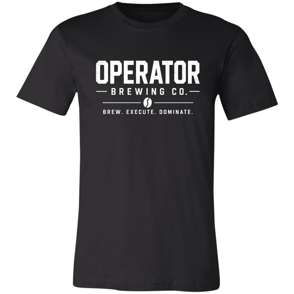 A black short-sleeve crewneck t-shirt with a white graphic print on the chest reading 'OPERATOR BREWING CO.' and tagline