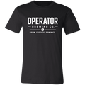 A black short-sleeve crewneck t-shirt with a white graphic print on the chest reading 'OPERATOR BREWING CO.' and tagline