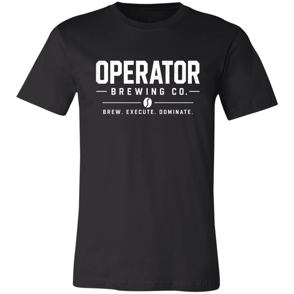 A black short-sleeve crewneck t-shirt with a white graphic print on the chest reading 'OPERATOR BREWING CO.' and tagline